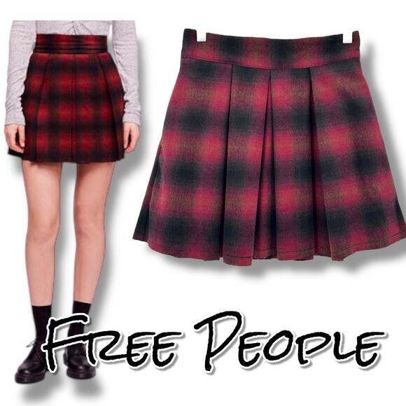 Free People High-Waist Pleated Plaid Mini Skirt Red Black Grunge Womens Size 4 - Picture 1 of 12